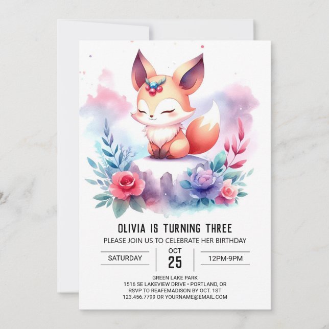Lycklig Sweet Fox Birthday digital Inbjudningar (Framsida)