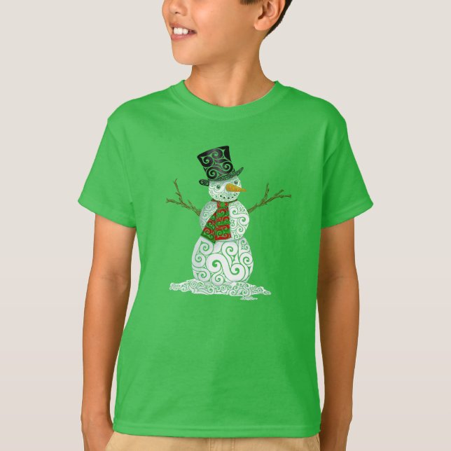 Lycklig Swirly Snögubbe T Shirt (Framsida)