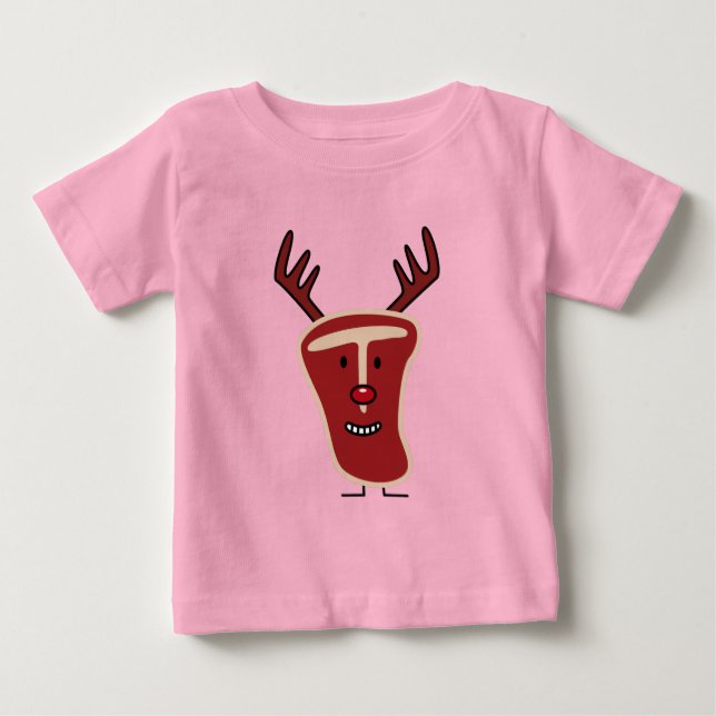 Lycklig T-Bone Steak Reindeer Red näsa jul T Shirt (Framsida)