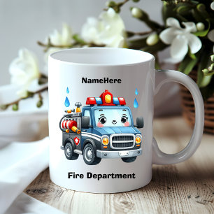 Lycklig tecknad brandkår lastbil redo att rulla kaffemugg