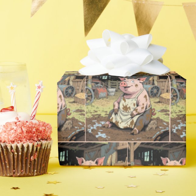 Lycklig Tecknad Gris i en odlingszon Presentpapper (Födelsedagsfest)