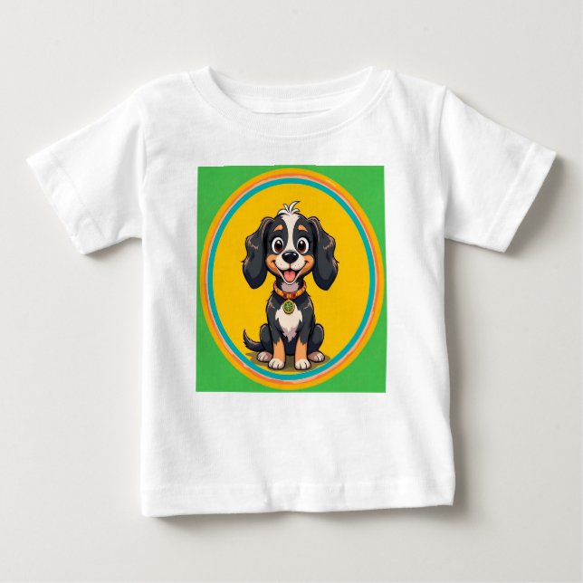 Lycklig Tecknad hund i ett färgformigt cirkulärt R T Shirt (Framsida)