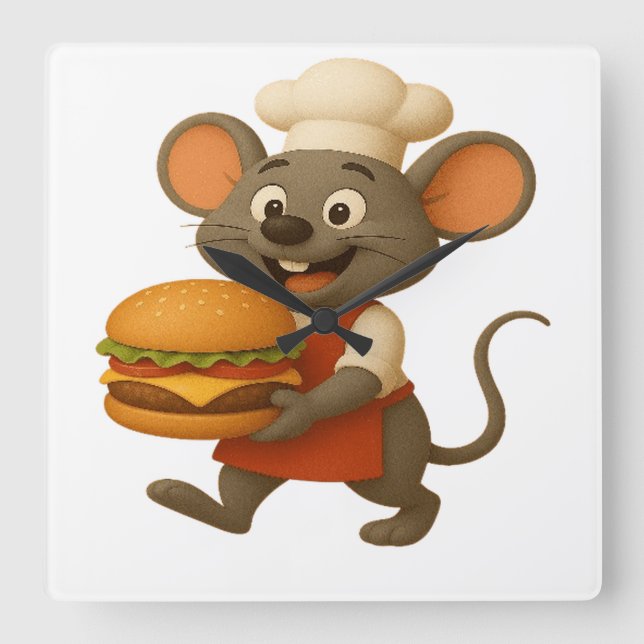 Lycklig Tecknad Mouse Chef med stor ost - Wall Cl Fyrkantig Klocka (Framsida)