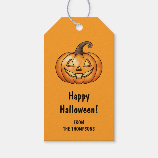 Lycklig Tecknad Pumpkin Orange Halloween Presentetikett (Framsidan)