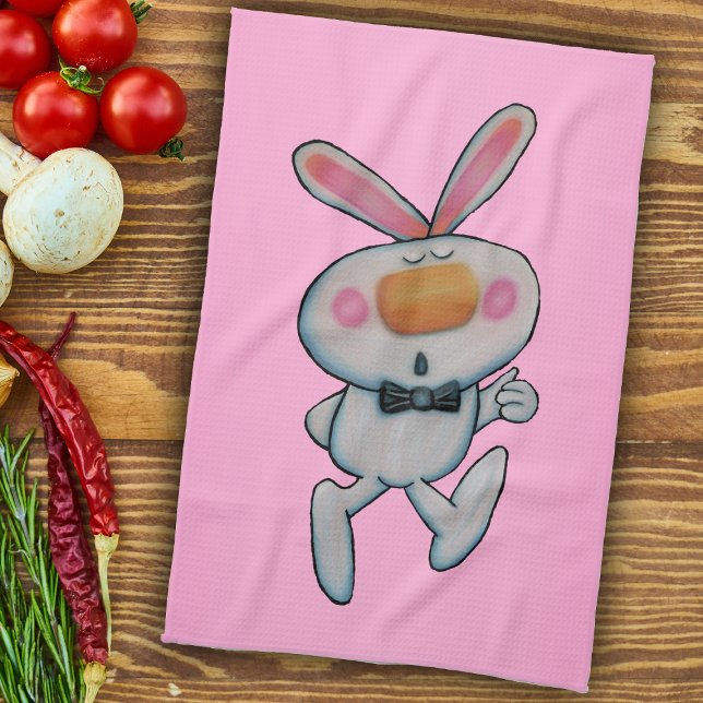 Lycklig Tecknad Thumbs Up Bunny Bow Tie Rosa Kökshandduk (white bunny rabbit thumbs up sign wearing bow tie on vibrant pink kitchen hand towel.)