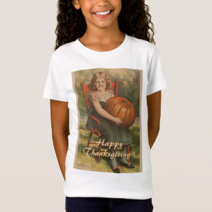 Lycklig Thanksgining Vintage Girl med Pumpkin T Shirt