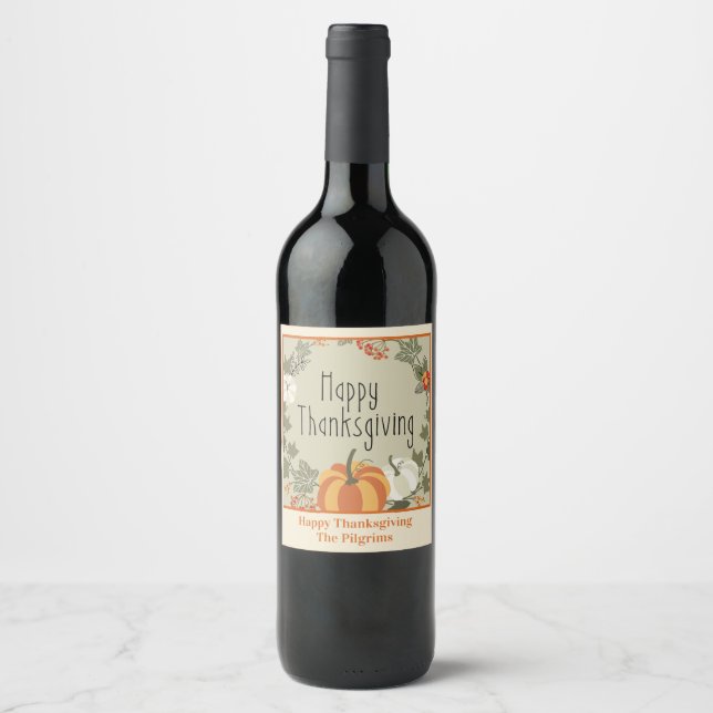 Lycklig Thanksgiving Wandew Pumpkin Vin-etikett Vinflaska Etikett (Framsida)