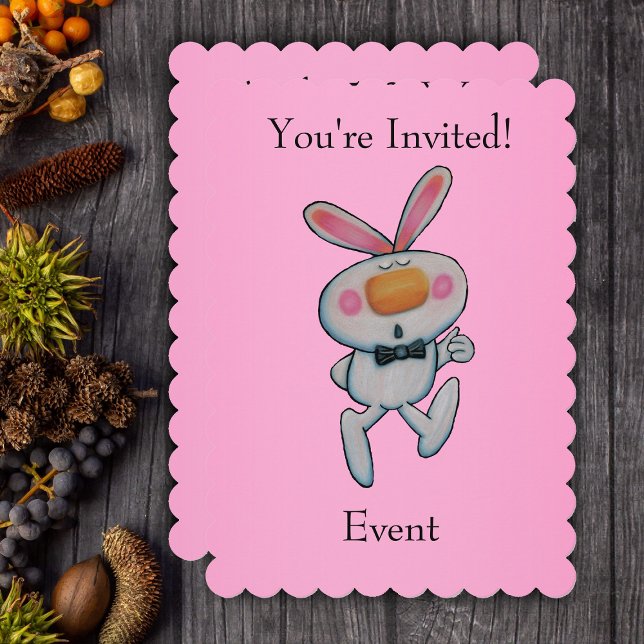 Lycklig Thumbs Up Bunny Bow Tie Bright Rosa Inbjudningar (Cute cartoon white bunny rabbit giving thumbs up wearing black bow tie on pink party invitatiions.)