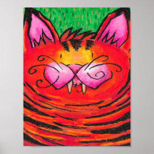 Lycklig Tiger Cat i Oil Pastel on Grönt Poster
