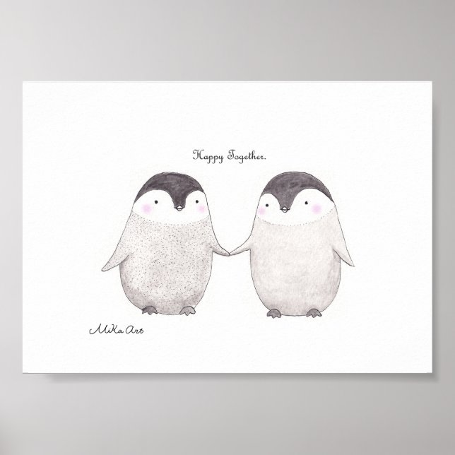Lycklig tillsammans Cute Penguin lite minimalistis Poster (Framsidan)