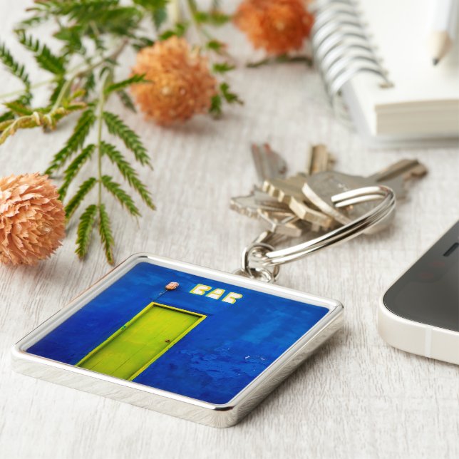 Lycklig timmar fyrkantig silverfärgad nyckelring (Sidan)