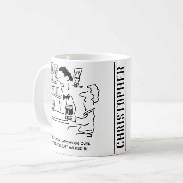 Lycklig-timmen över nu frun kommer kaffemugg (Framsida vänster)