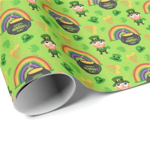 Lycklig Tomte St. Patricks Dag Tecknad Mönster Presentpapper