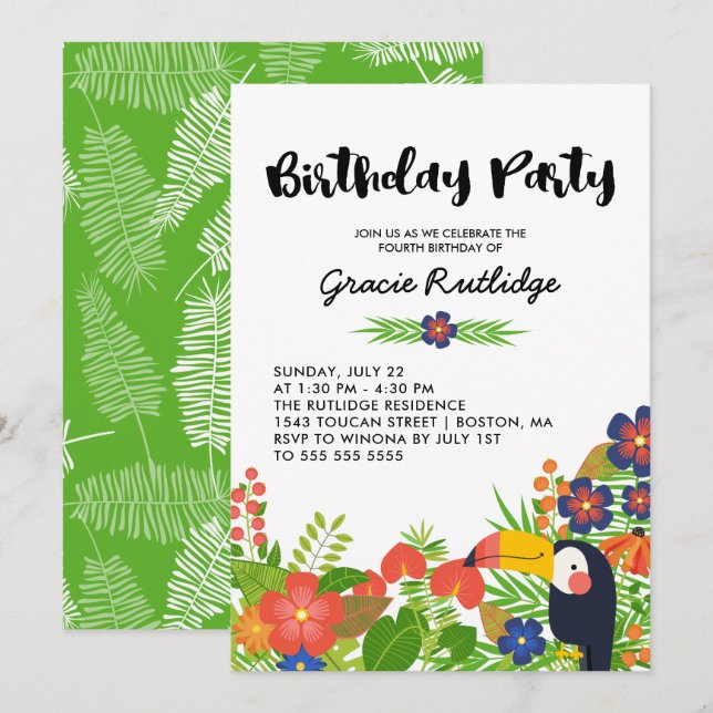 Lycklig Toucan Tropical Barns födelsedag Party Inbjudningar (Fram/baksida)