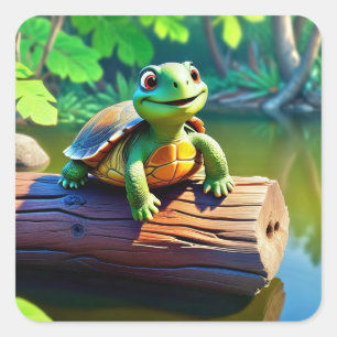 Lycklig Turtle Square Sticker Fyrkantigt Klistermärke