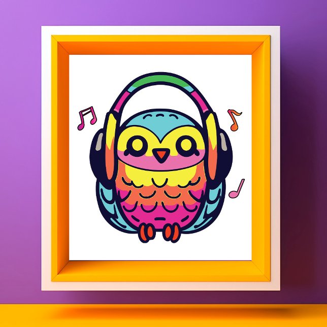 Lycklig Uggla med hörlurar som lyssnar på musik. Fototryck (Happy Owl with headphones listening to music. Photo Print)