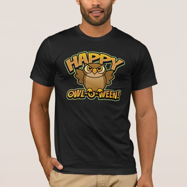 Lycklig Uggla-O-Ween Mörk T-Shirt (Framsida)