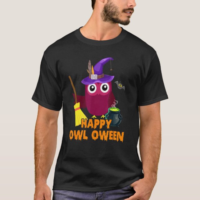 Lycklig Uggla Oween Uggla Älskare Halloween Costum T Shirt (Framsida)