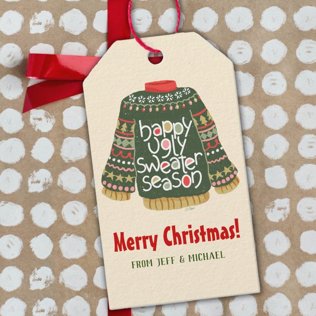 Lycklig Ugly Sweater Season Presentetikett (Funny and cute gift tags, for some holiday humore)