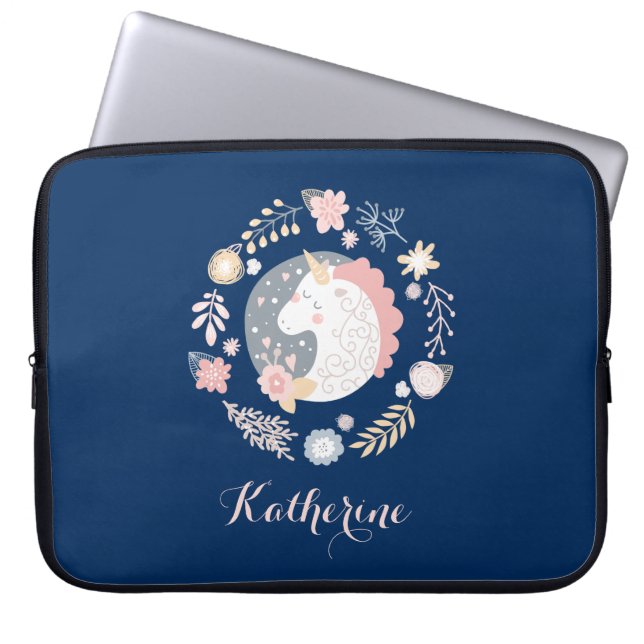 Lycklig Unicorn Cute Personlig Navy Laptop Fodral (Framsidan)
