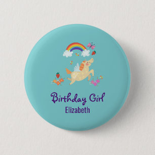Lycklig Unicorn med Rainbow Clouds Birthday Girl Knapp