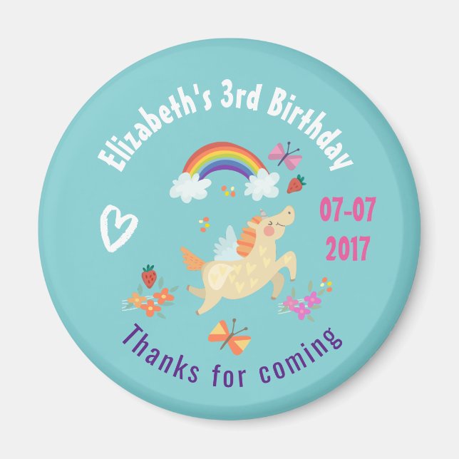 Lycklig Unicorn med Rainbow Clouds Birthday Tack Magnet (Framsidan)