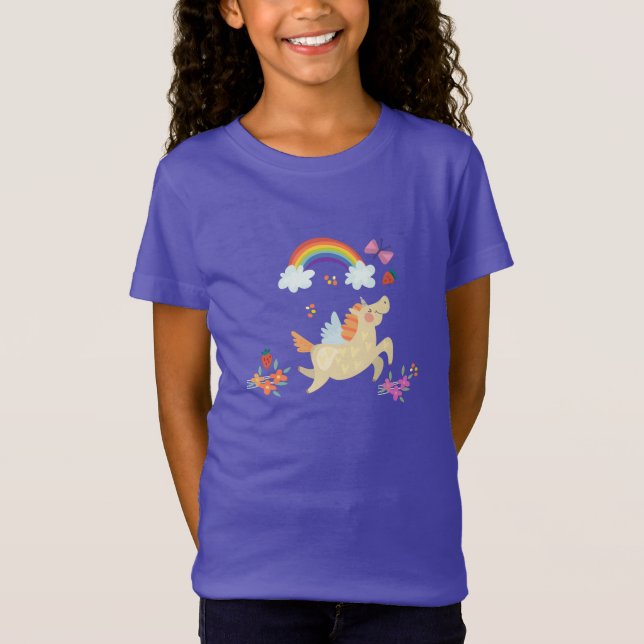 Lycklig Unicorn med regnbåge och blommor Tee Shirt (Framsida)