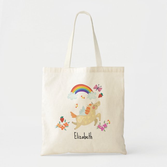 Lycklig Unicorn med regnbåge och blommor Tygkasse (Framsidan)