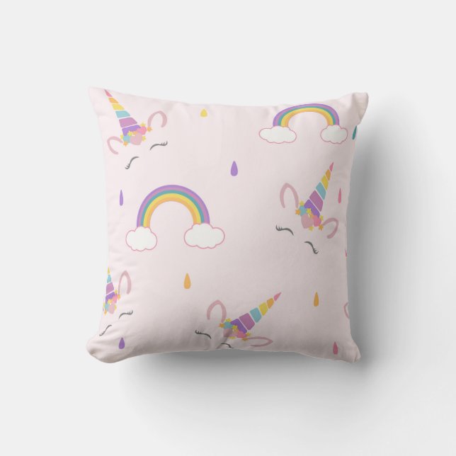 Lycklig Unicorn och regnbågar Kudde (Framsida)