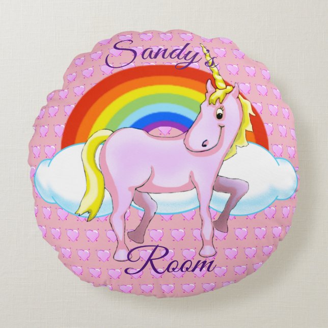Lycklig Unicorn Round Pillow Rund Kudde (Framsidan)