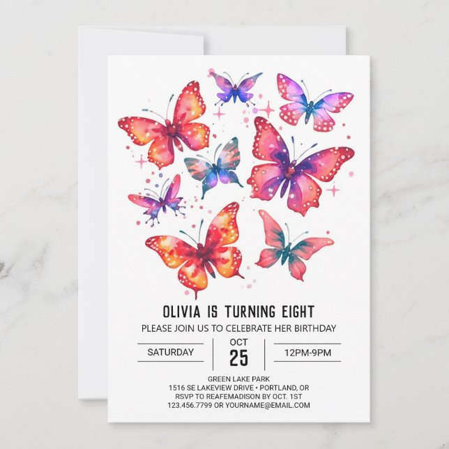 Lycklig utskrivbara fjäril Birthday Inbjudningar (Framsida)