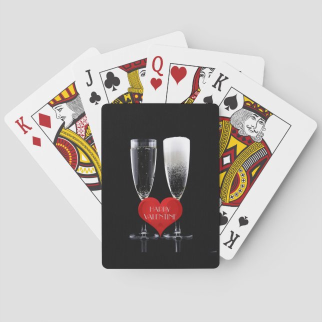 Lycklig Valentine Champagne Flute Red Heart Text Spelkort (Baksidan)