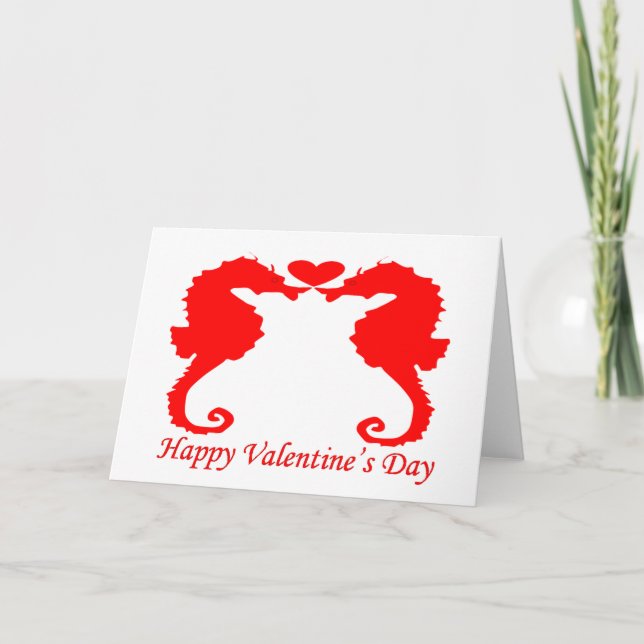 Lycklig Valentine Seahorse and Heart Helgkort (Framsida)