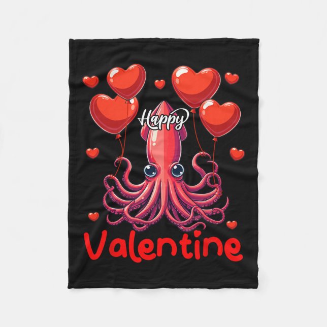 Lycklig Valentine Squid Holding Heart Bylloons Äls Fleecefilt (Framsidan)