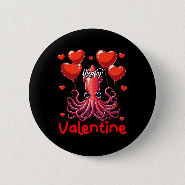 Lycklig Valentine Squid Holding Heart Bylloons Äls Knapp (Framsida)