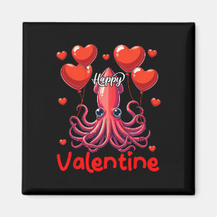 Lycklig Valentine Squid Holding Heart Bylloons Äls Magnet