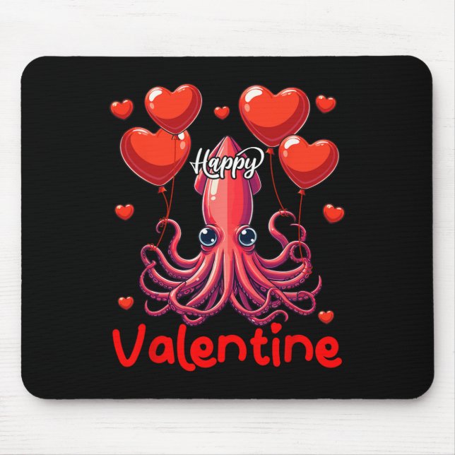 Lycklig Valentine Squid Holding Heart Bylloons Äls Musmatta (Framsidan)