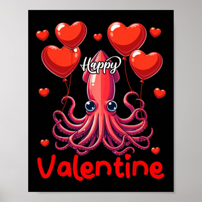 Lycklig Valentine Squid Holding Heart Bylloons Äls Poster (Framsidan)