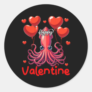 Lycklig Valentine Squid Holding Heart Bylloons Äls Runt Klistermärke