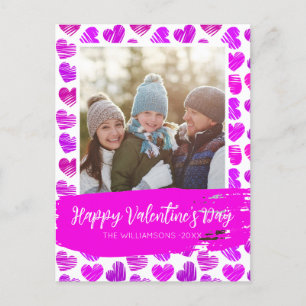 Lycklig Valentines Modern Lila Rosa Heart Photo Helg Vykort