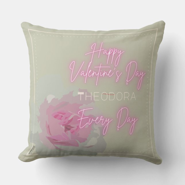Lycklig Valentines Peony Rosa Grått Text Neon Rosa Kudde (Framsida)