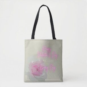 Lycklig Valentines Peony Rosa Grått Text Neon Rosa Tygkasse