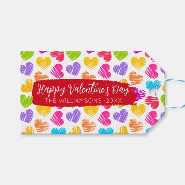 Lycklig Valentineser Girly Vibrant Doodled Hearts  Presentetikett (Framsidan (Horisontell))