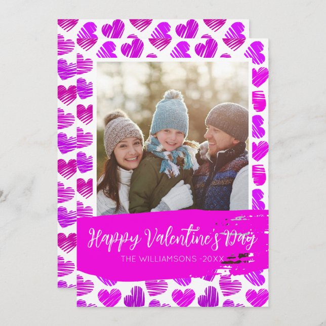 Lycklig Valentiness Modern Lila Rosa Hearts Photo Julkort (Fram/baksida)