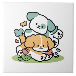 Lycklig valpar som rullar in i maj - Kawaii Hund A Kakelplatta