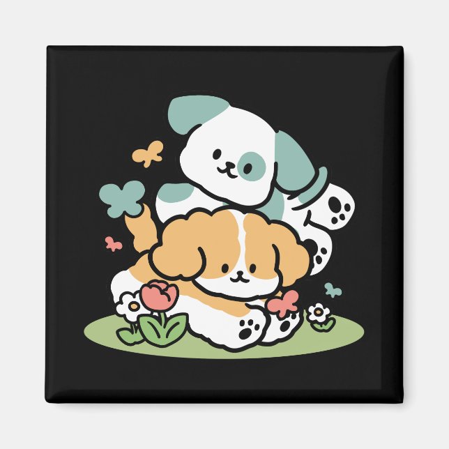 Lycklig valpar som rullar in i maj - Kawaii Hund A Magnet (Framsidan)