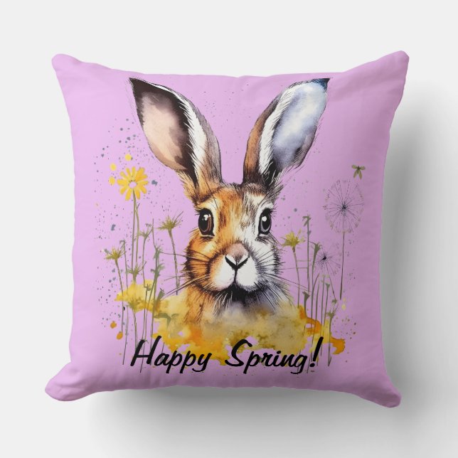 Lycklig Vår Blommigt Bunny med Gult Dandelions Kudde (Framsida)