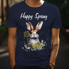 Lycklig Vår Blommigt Bunny med Gult Dandelions T Shirt