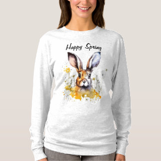 Lycklig Vår Blommigt Bunny med Gult Dandelions T Shirt
