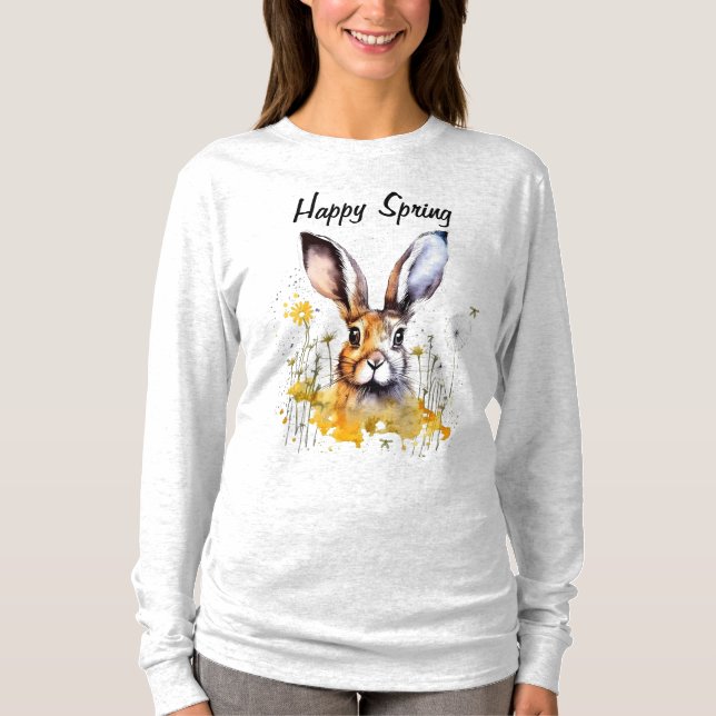 Lycklig Vår Blommigt Bunny med Gult Dandelions T Shirt (Framsida)